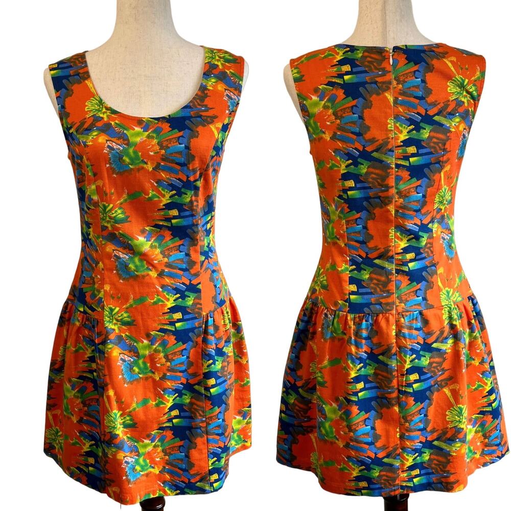Cotton A-Line Sleeveless Dress Drop Waist Orange Blue Watercolor Size Small